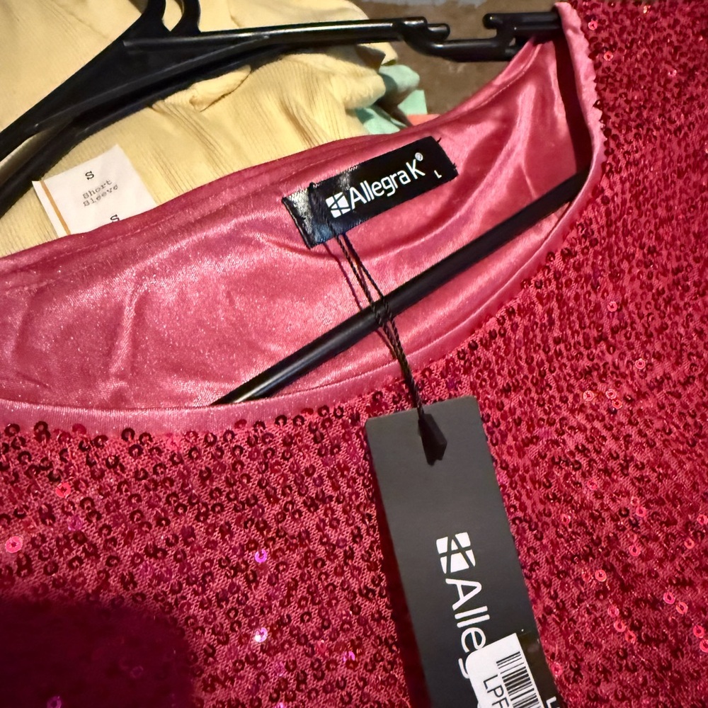 Allegra K Pink Sequin Short Sleeve Top - Picture 5 of 5